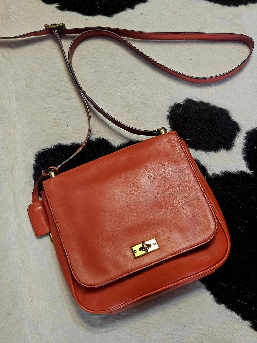 Fossil Bright ORANGE-Red Supple Leather Satchel with Gold Hardware CLASSIC